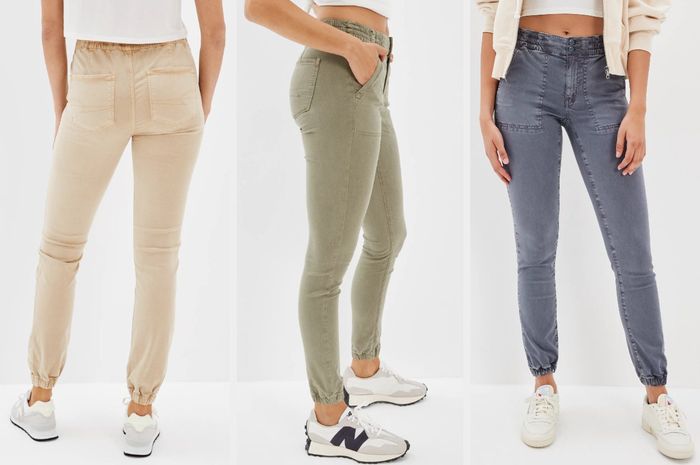 Three images of models sporting beige, green, and gray pants