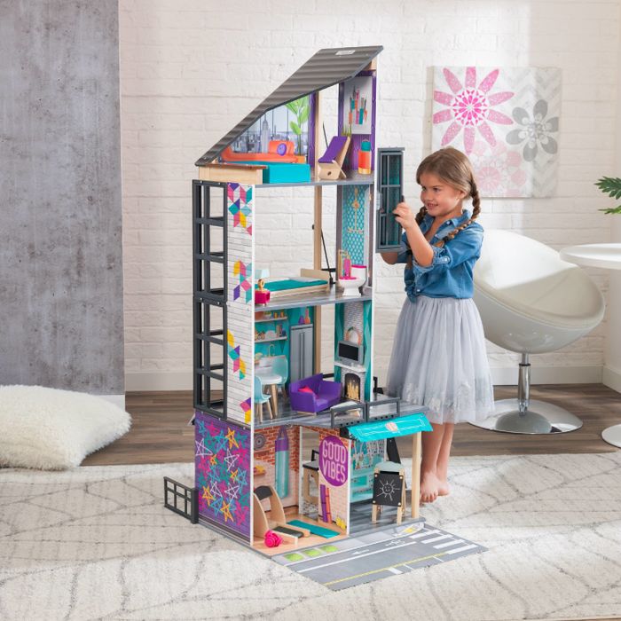 A four-level product complete with a gym and shopping area, living room, bathroom, and penthouse.
