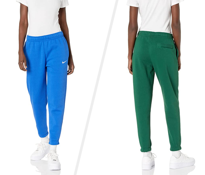 Two photos featuring a model dressed in blue and green joggers.