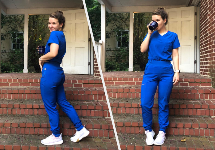 Two images showing a reviewer dressed in blue scrub joggers