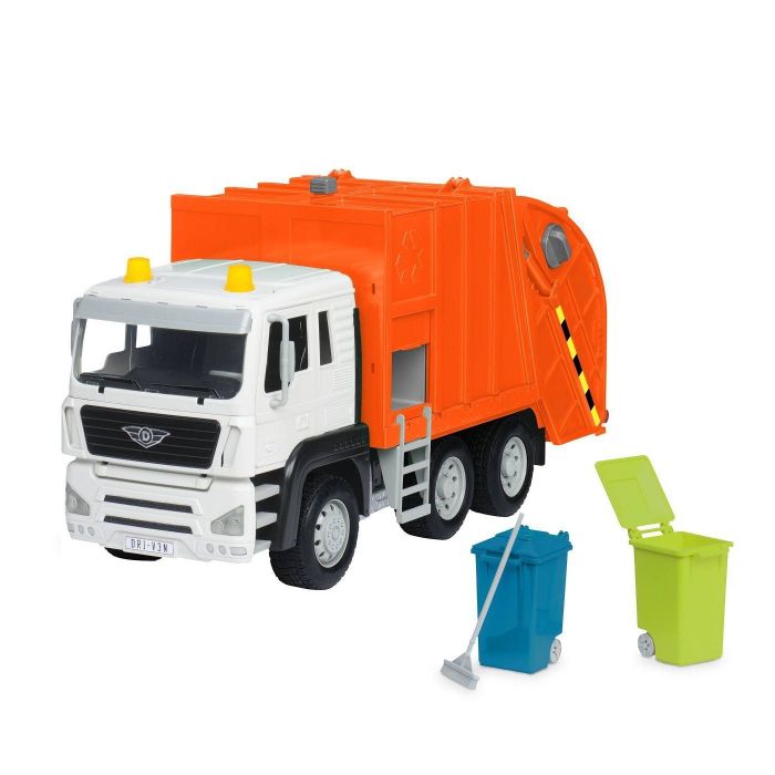 Orange trash truck toy accompanied by blue and green recycling bins.