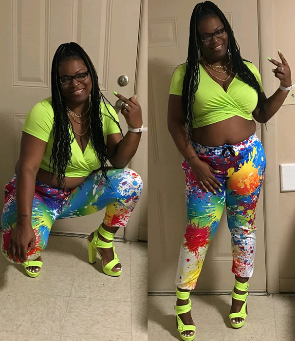 Two photos of a reviewer in colorful pants and a green top.