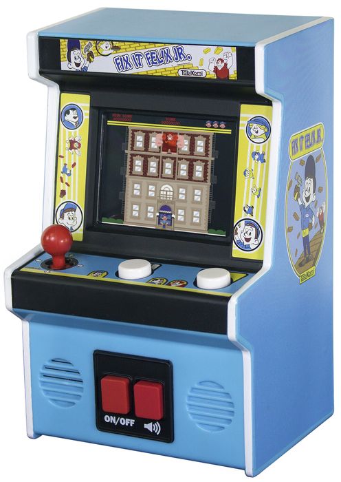 A product featuring an on/off switch, a red joystick, and buttons for game play.