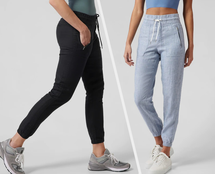 Two images featuring models in black and blue joggers