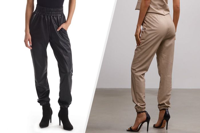 Two photos of models wearing black and beige pants.