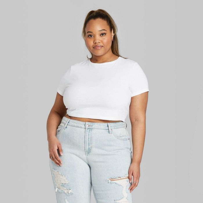 plus-size model wearing the shirt