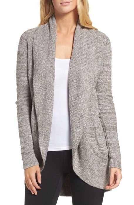 A model dressed in the cocoa/pearl heather-colored sweater