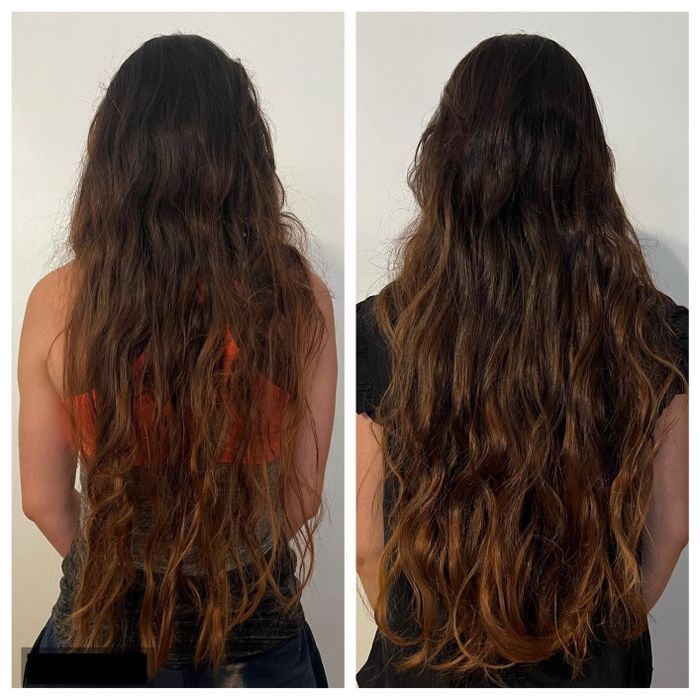 The reviewer's hair before and after using the treatment.