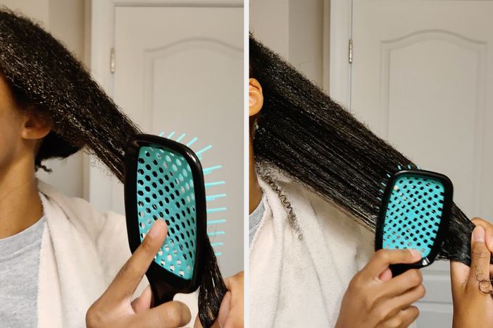 A comparison shot of brushing my curly hair using the detangling brush