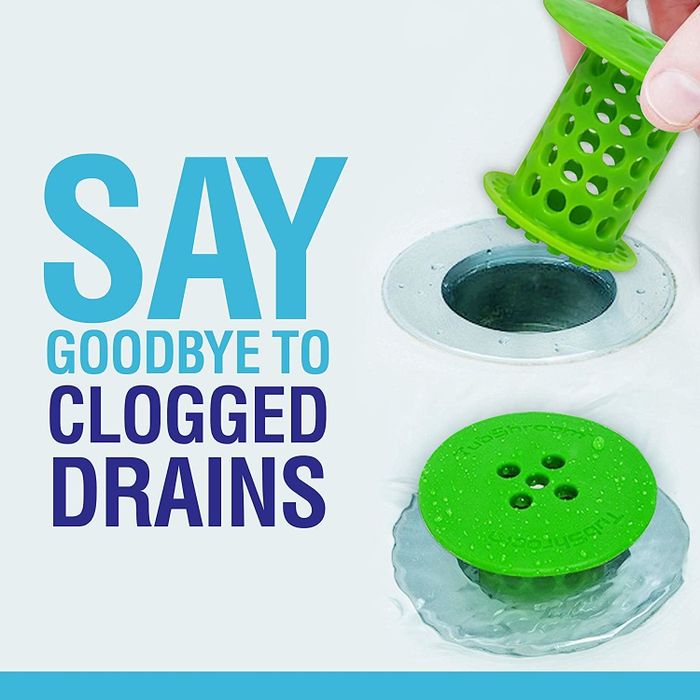 A model installing a green TubShroom into a drain.