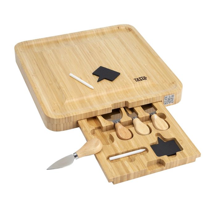 A wooden serving tray with a hidden drawer underneath that holds utensils