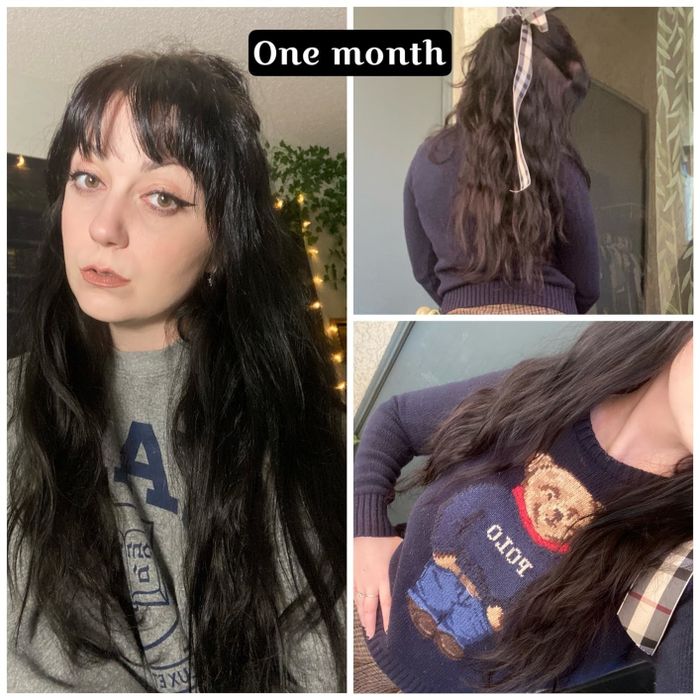 The reviewer’s hair after using the spray for a full month.