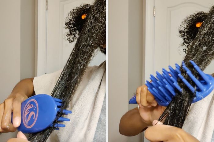 Here's a side-by-side comparison of me using the paddle comb to detangle a section of my hair.