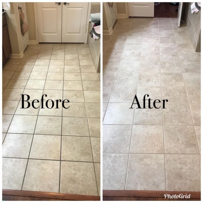 A before-and-after comparison of a tile floor with dirty grout and the same tile floor after cleaning, now with bright, clean grout.
