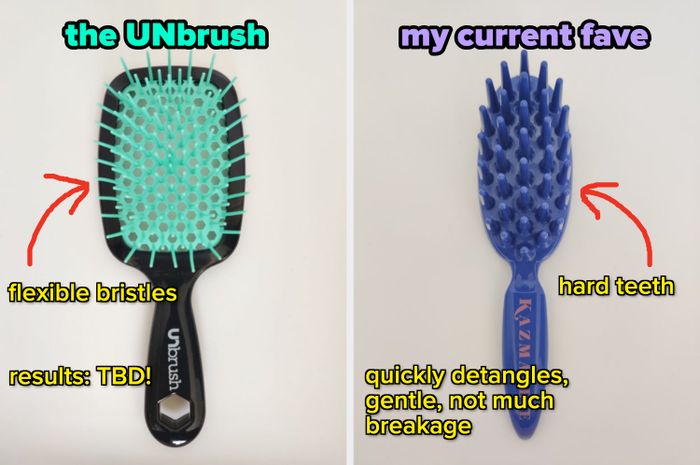 Two hairbrushes with contrasting bristle designs laid flat on a surface