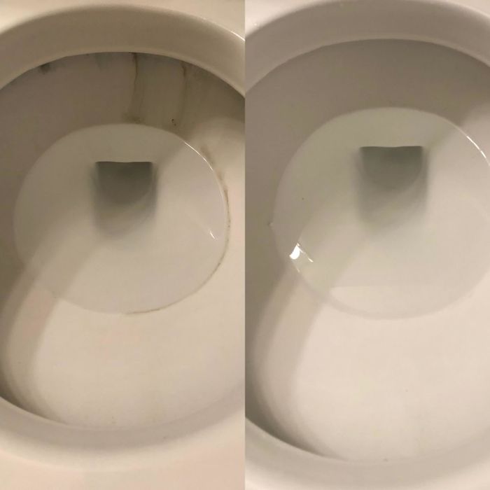 A before-and-after image of a toilet bowl, showing gray rings before cleaning and a spotless bowl afterward.