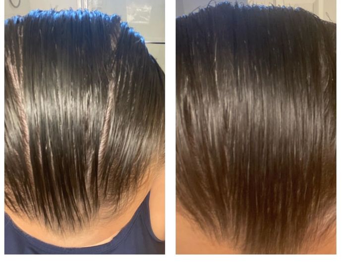 The reviewer's hair before and after using the shampoo.