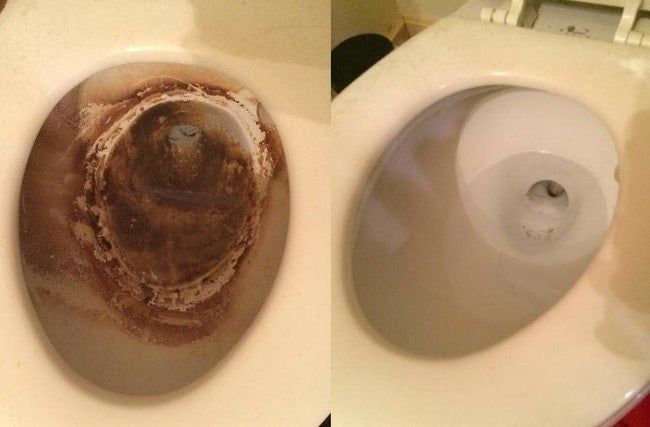 A dirty toilet beside a pristine one, after using the disposable cleaning wands.