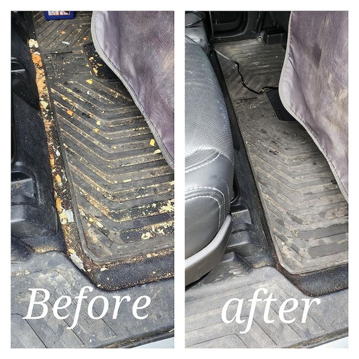 A split photo from a reviewer, showing the back seat of a car before and after using the vacuum cleaner.
