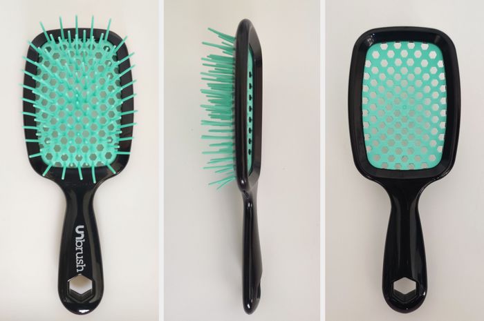 Three perspectives of a hairbrush: front, side, and back, designed specifically for detangling hair