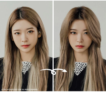 a comparison image showing a model with flat hair and another with beautifully voluminous hair