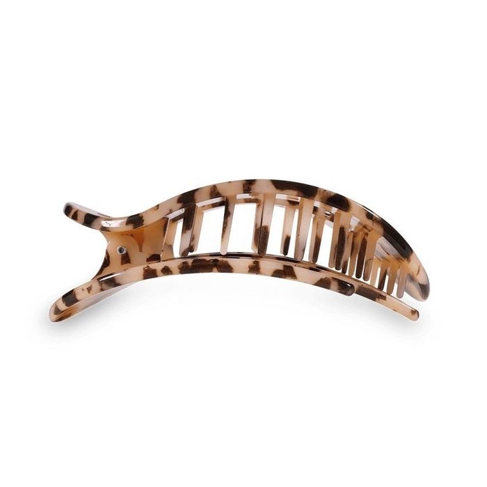 A tortoise-shell patterned hair claw clip with an open design, ideal for securing hair in place.