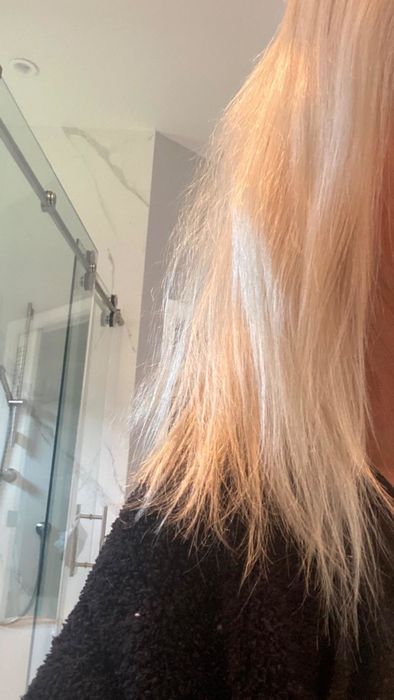 A photo shared by a reviewer displaying their hair's condition prior to using the collagen treatment.