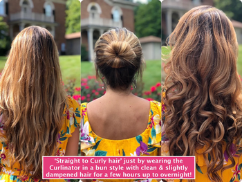 A series of three images showing an individual with straight hair, followed by the same individual styling their hair into a bun, and finally showcasing curly hair.