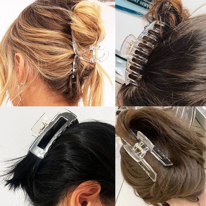 Four-square image featuring models wearing clear claw clips in their hair