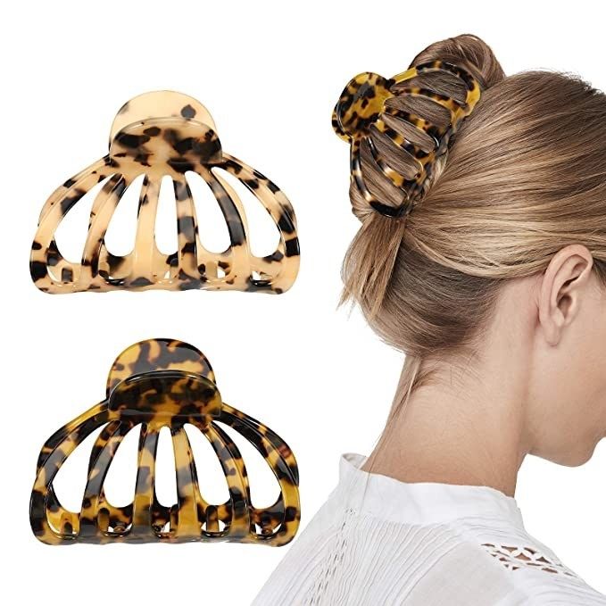 A side-by-side comparison of two large tortoise shell clips, one of which is styled in a model's hair.