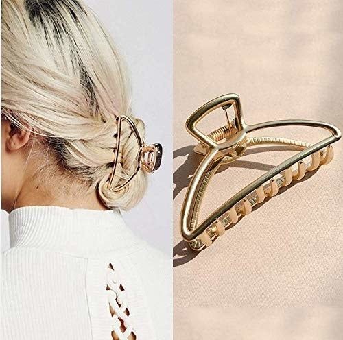 Side-by-side image showing the gold metal claw clip and a model styling their hair with it