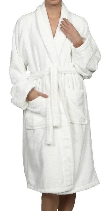 model wearing a white bathrobe