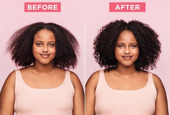 Before-and-after of a model with coiled, frizzy hair, followed by perfectly defined curls after using the product.