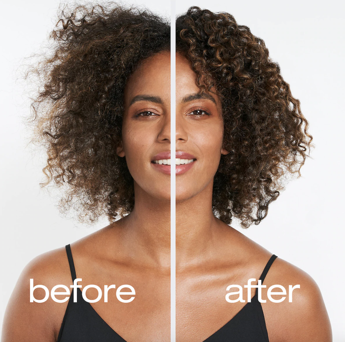 Before and after, showing the model's frizzy curls before applying the product, and silky smooth curls after using it.
