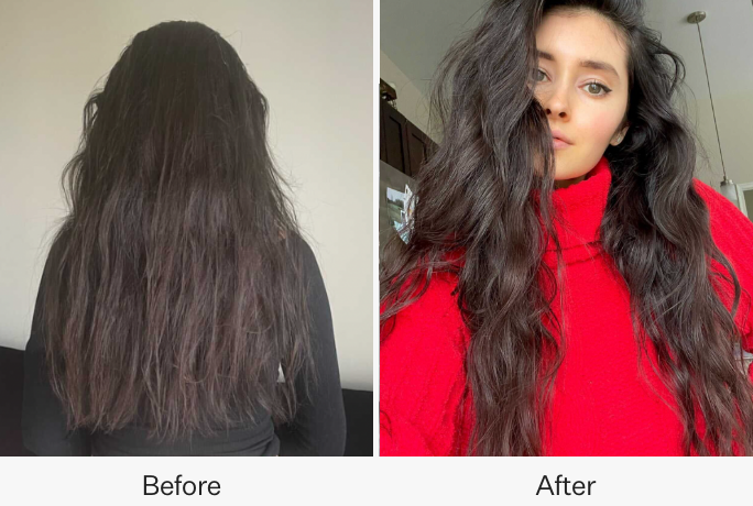 Before and after images of a person with long hair show a dramatic transformation. In the before shot, the hair appears frizzy and damaged, while in the after, it looks sleek and shiny.