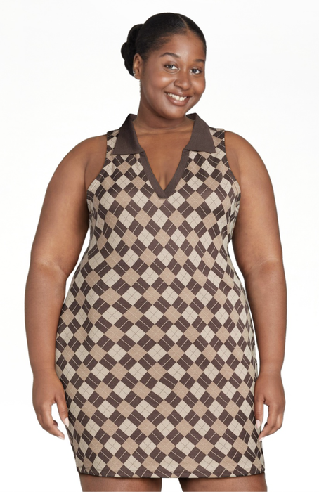 A model showcasing the brown plaid dress.