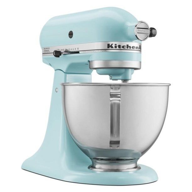 A light blue KitchenAid stand mixer, a stylish addition to any kitchen.