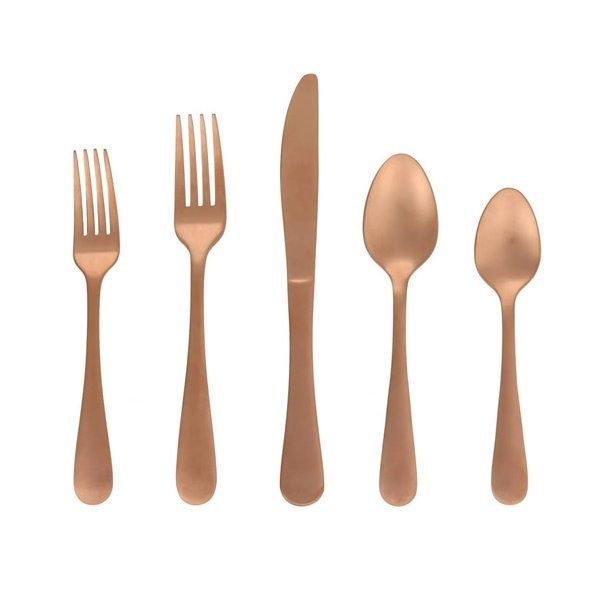 A rose gold flatware set arranged from left to right: small fork, fork, knife, spoon, small spoon.