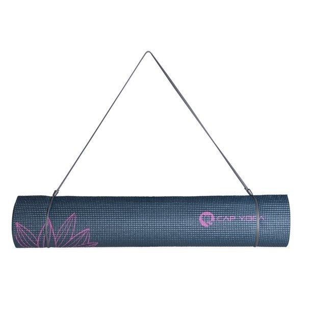 A blue yoga mat featuring purple floral accents, neatly rolled up in a carrying strap.