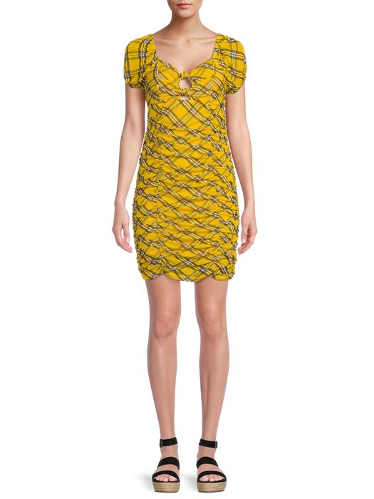 A model wearing a yellow plaid ruched mini dress.