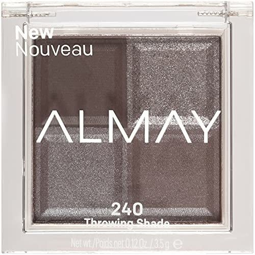 Almay's 'Throwing Shade' eyeshadow palette featuring four neutral tones, with a total weight of 0.12 oz.