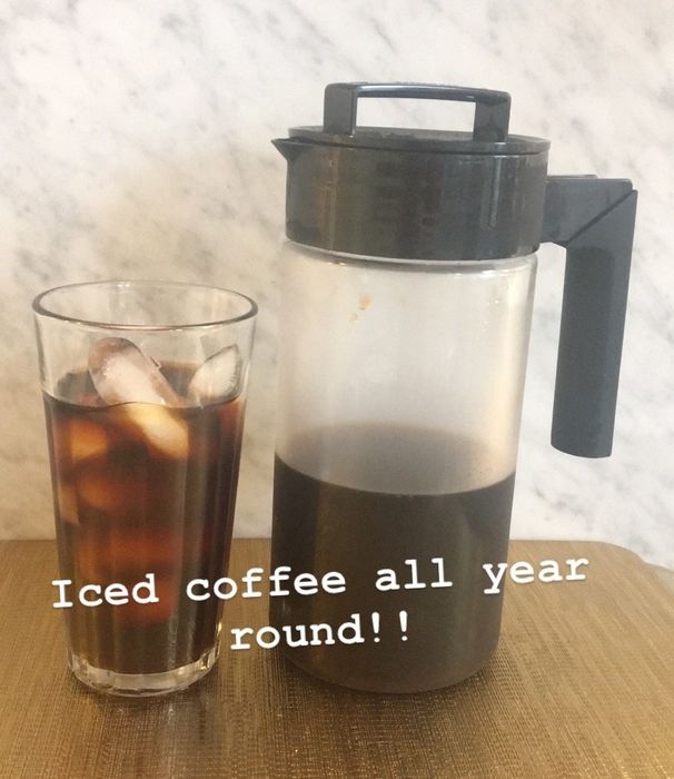 Maitland's Takeya cold brew maker sits beside a glass of cold brew, with the message 'Iced coffee all year round.'