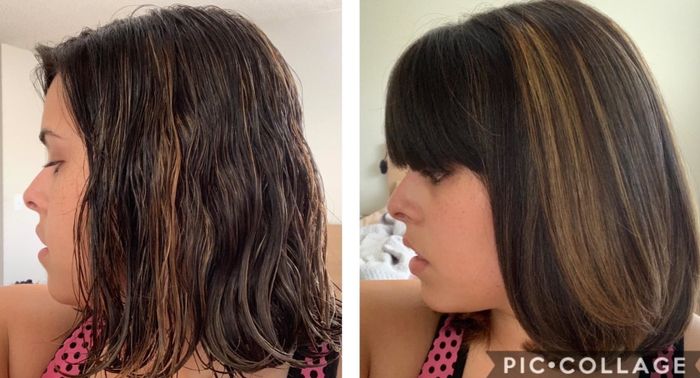 Before and after images of a reviewer; in the first, their hair is wavy and dry, and in the second, it's straight and glossy.