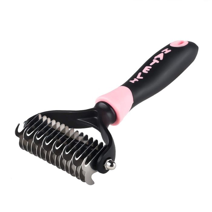 A pet grooming tool featuring an ergonomic handle and metal comb attachments for detangling and shedding control