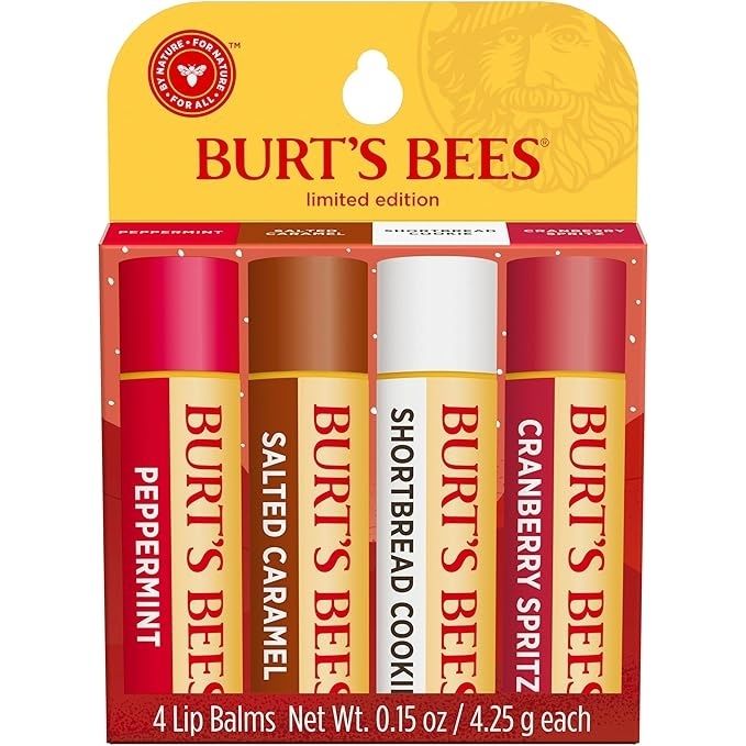 Burt's Bees limited edition 4-pack of lip balms in the following flavors: Peppermint, Salted Caramel, Shortbread Cookie, and Cranberry Spritz