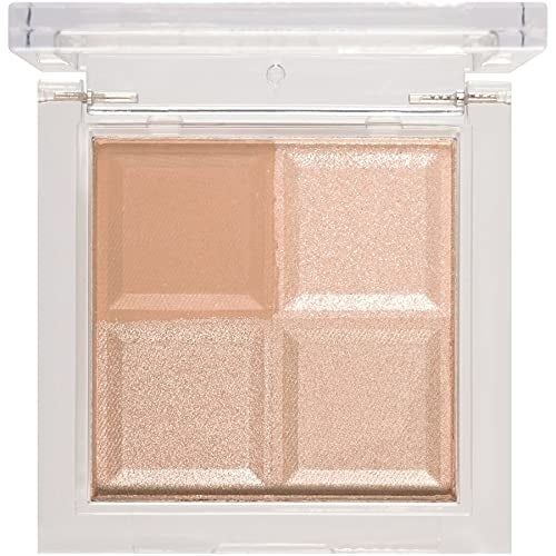 A makeup palette featuring four shimmering highlighter shades for accentuating facial features, presented in a sleek, clear compact case