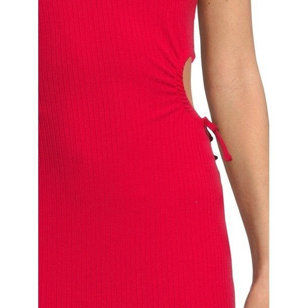 Close-up shot of a red dress featuring side cut-outs.