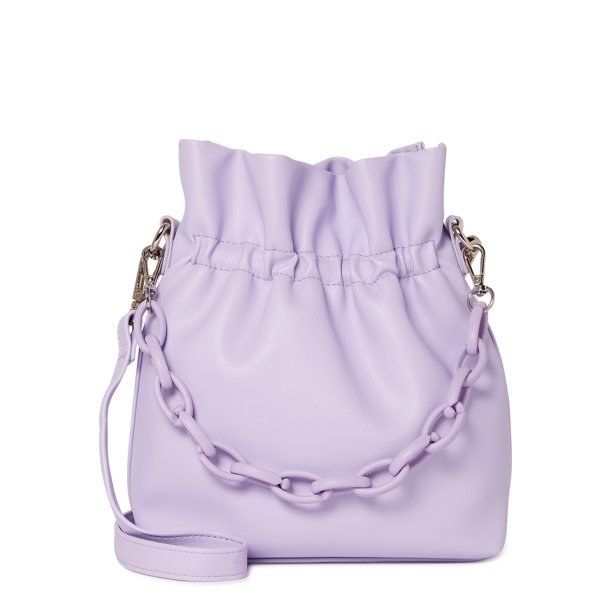 A purple mini handbag with a matching purple chain draped across the front.