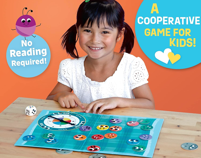 A child engrossed in a board game, maneuvering colorful pieces and rolling a die. Accompanying text: