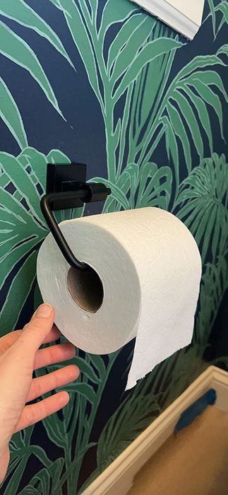 A reviewer's snapshot of a hand placed beside a matte black toilet paper holder against a backdrop of green and blue wallpaper.